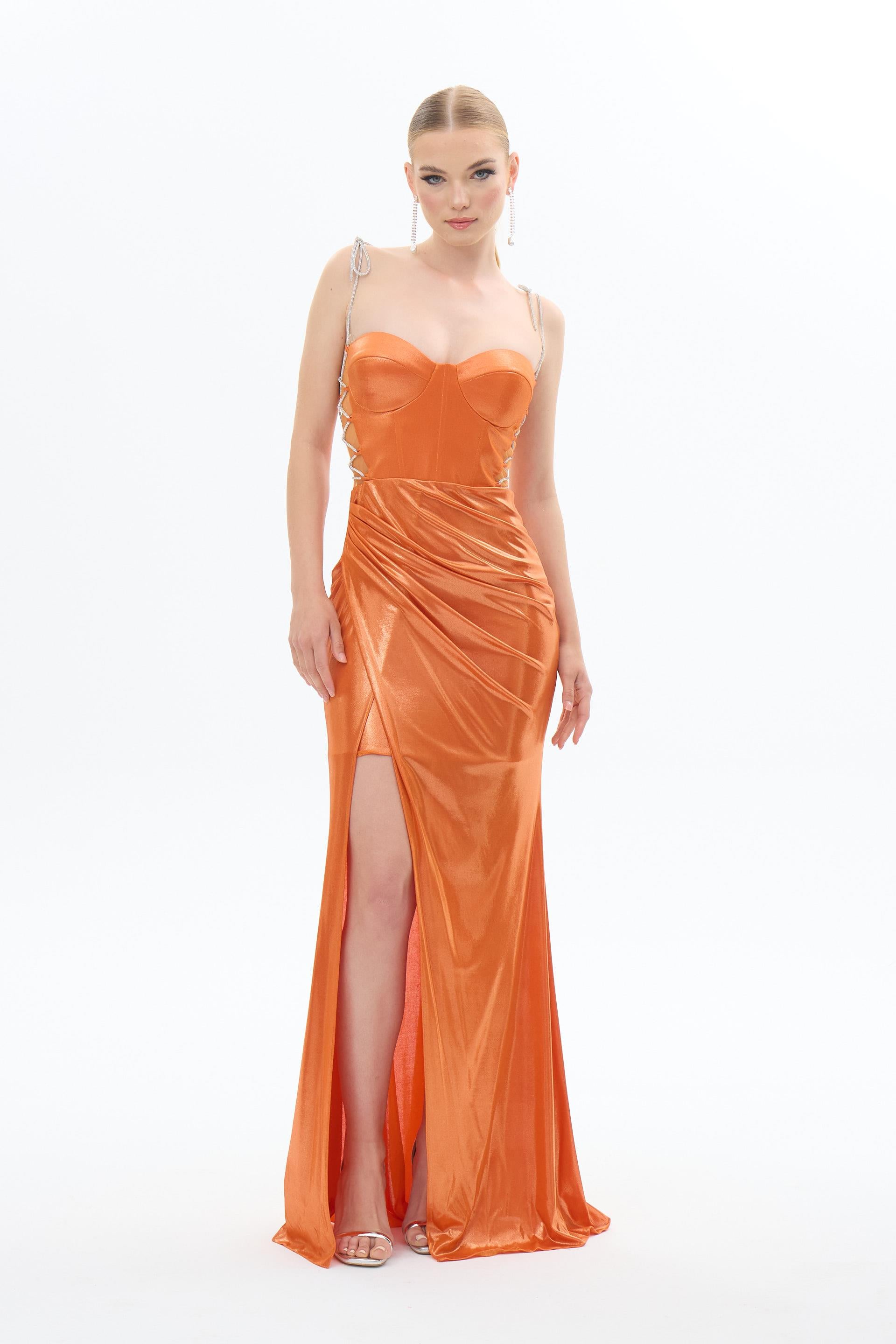58342-106CARMENCarmen Orange Taş Bağcıklı Parlak Örme Abiye Elbise