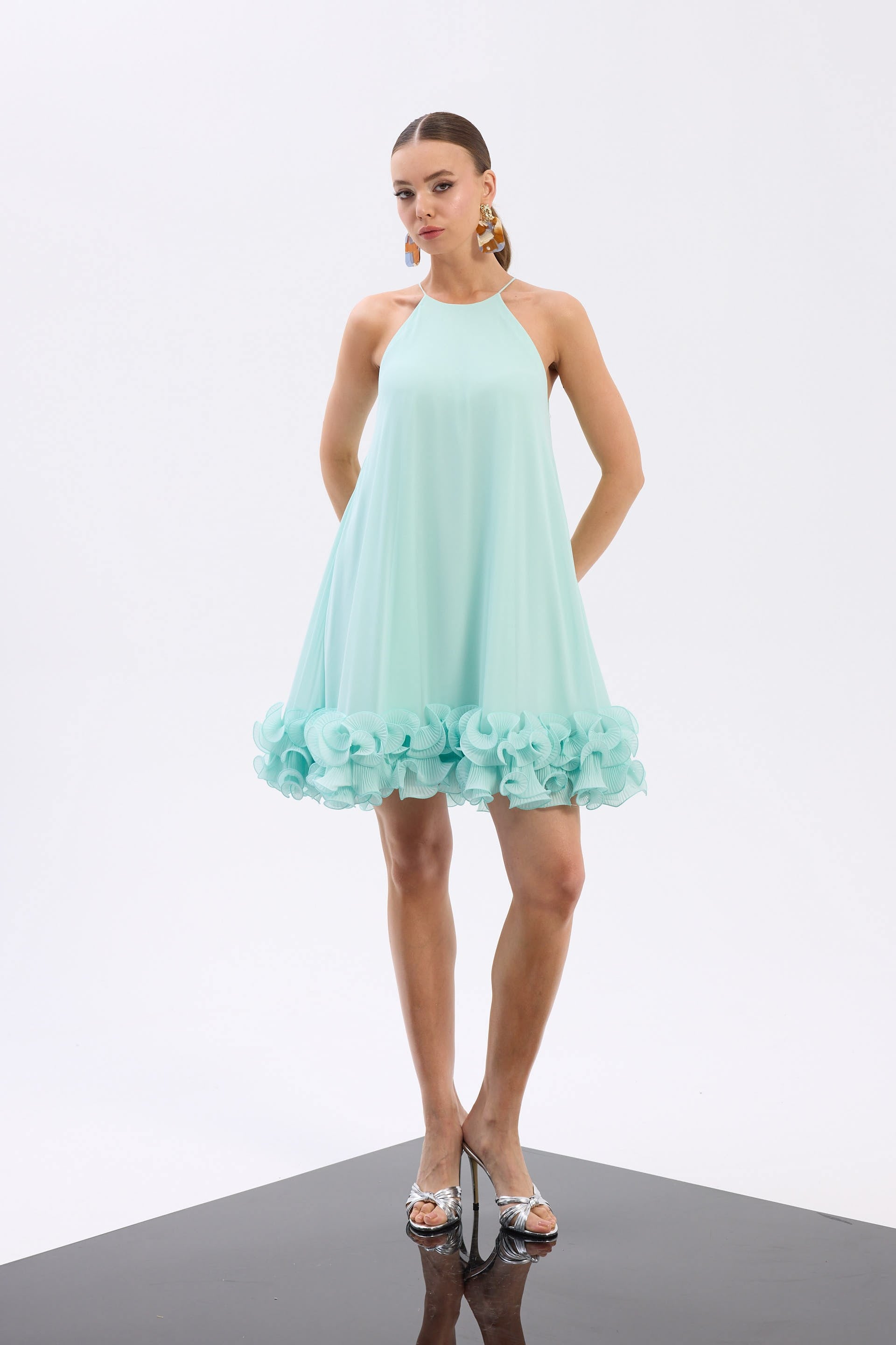 58355-18CARMENCarmen Mint Eteği Çiçekli Kısa Şifon Abiye Elbise