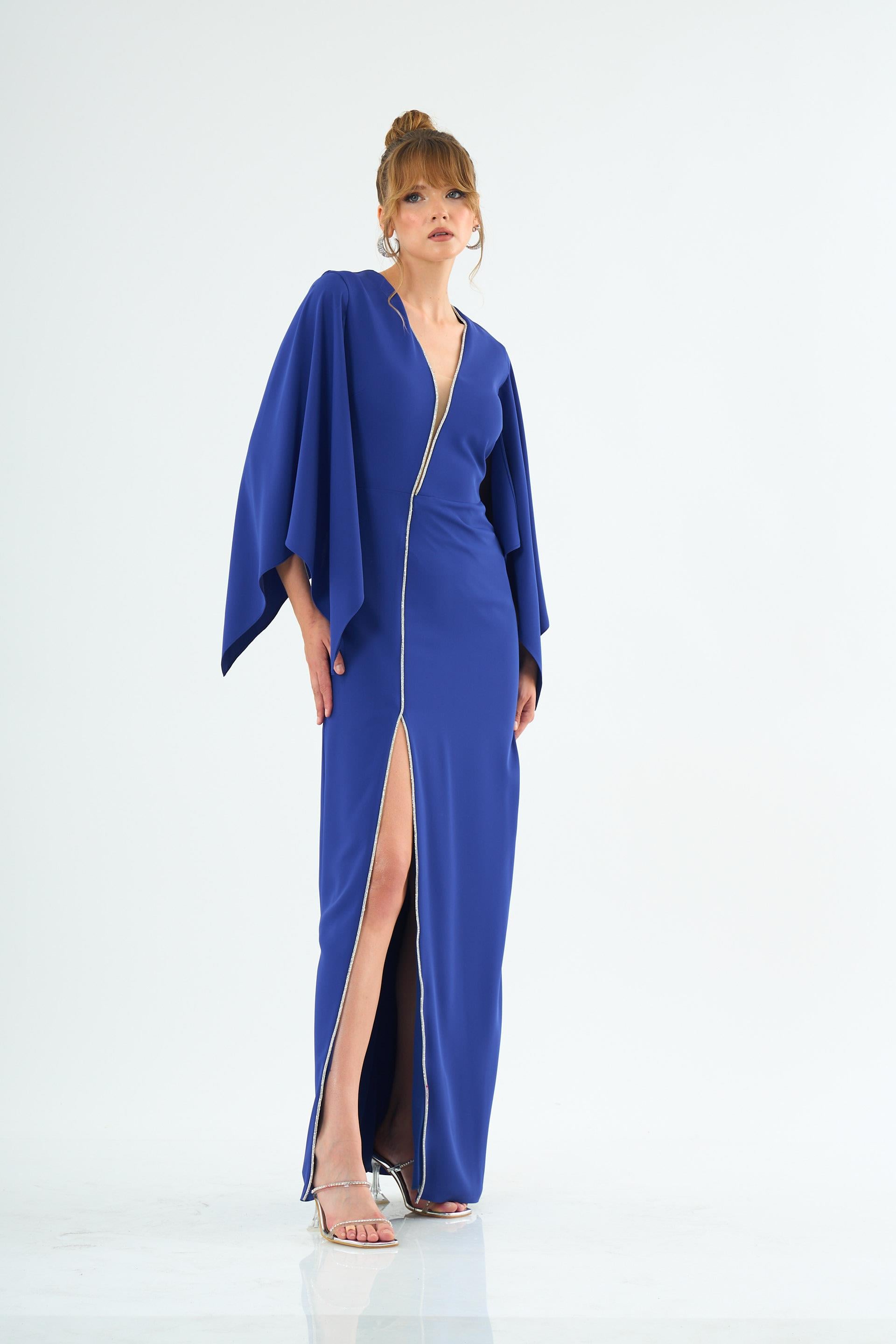 58357-25CARMENCarmen Saks Taş Şeritli Sırt Dekolteli Krep Abiye Elbise