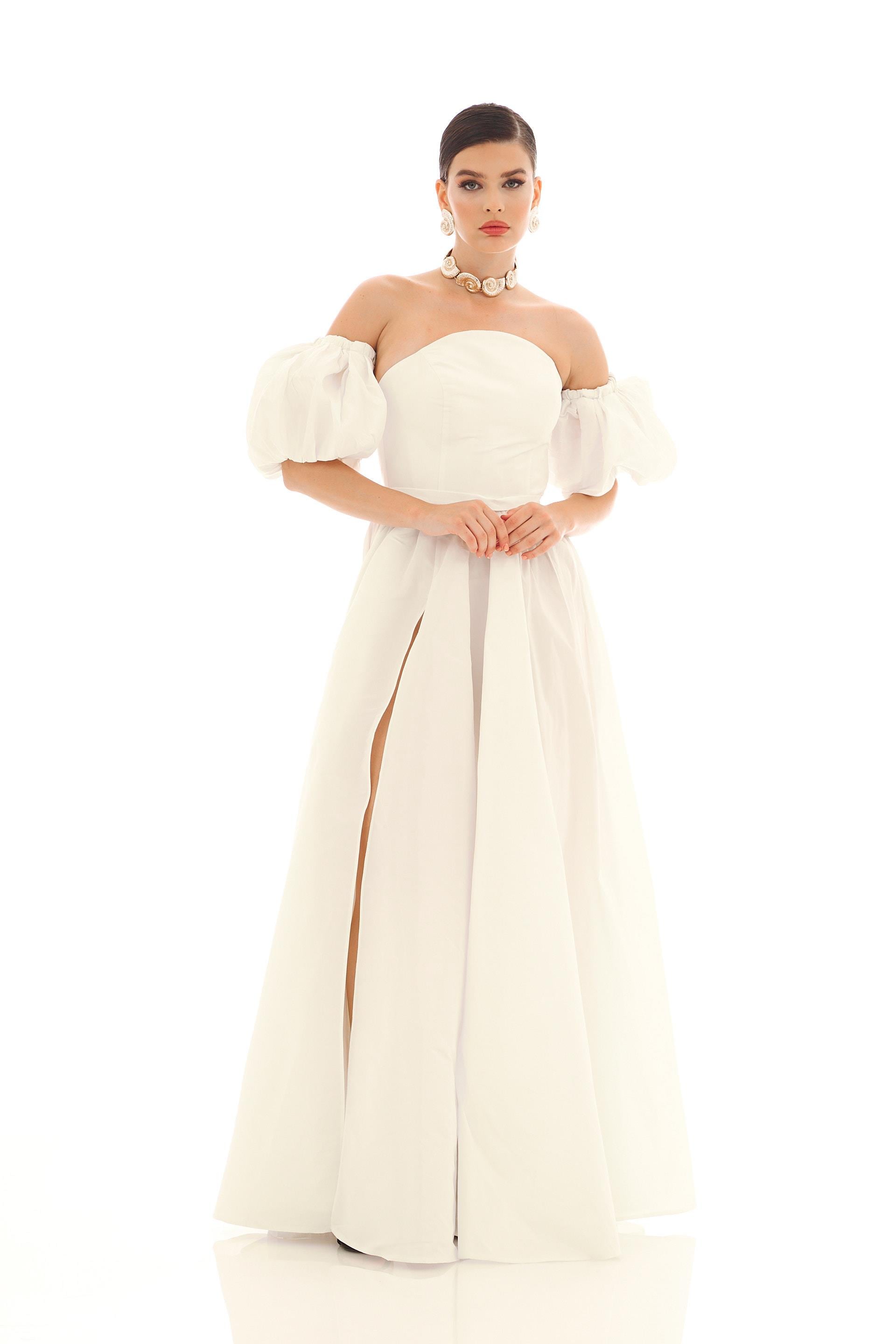 58406-6CARMENCarmen Ekru Balon Kol Yırtmaçlı Tafta Nikah Elbisesi