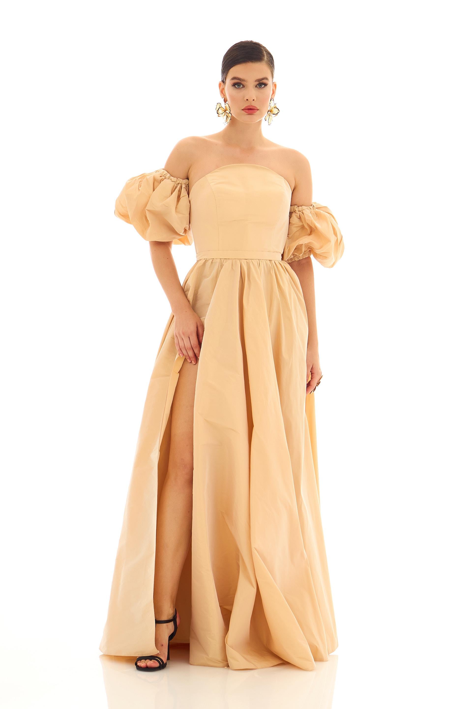 58406-9CARMENCarmen Gold Balon Kol Yırtmaçlı Tafta Abiye Elbise