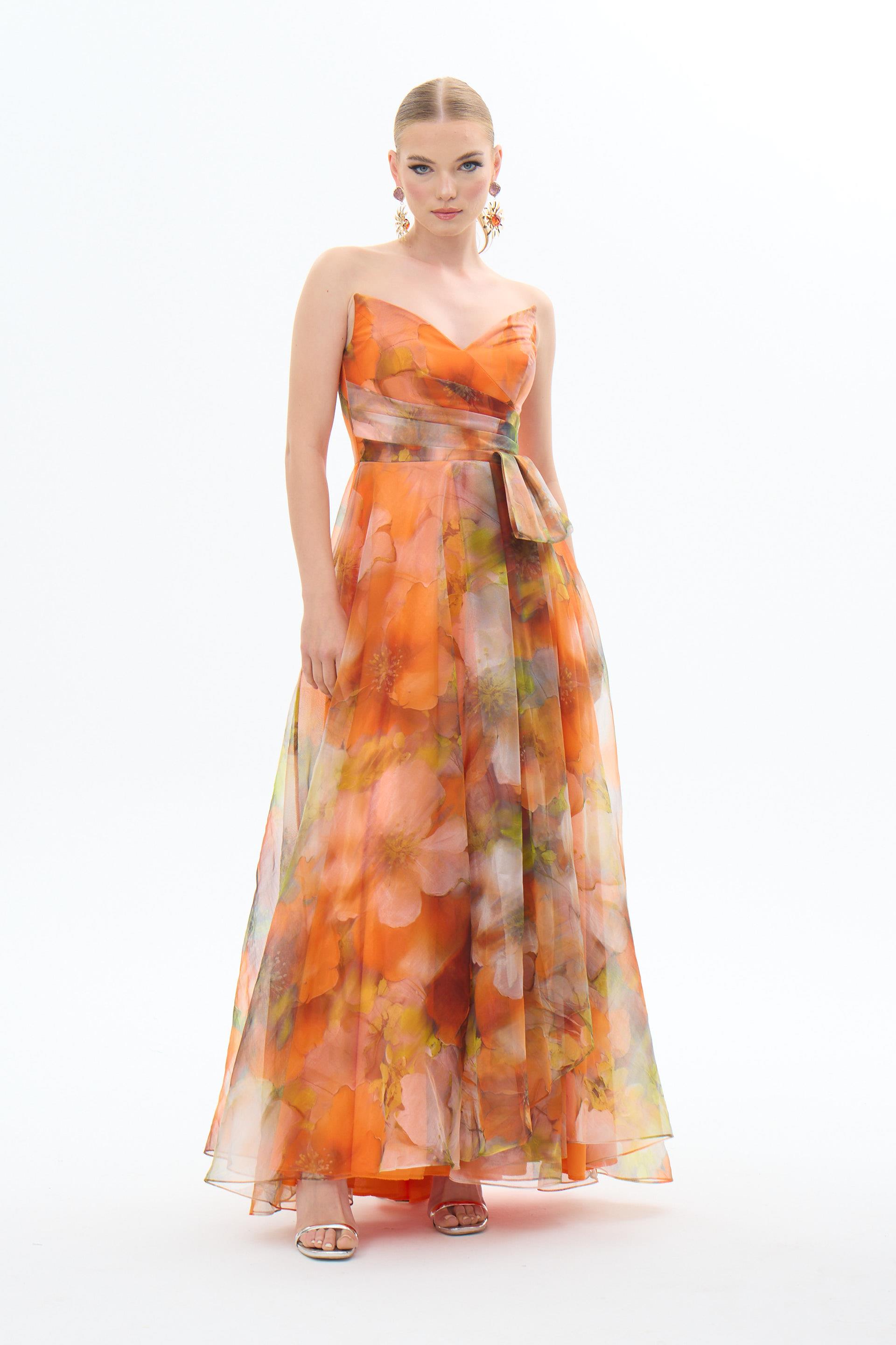 58421-106CARMENCarmen Orange Straplez Empirme Şifon Abiye Elbise