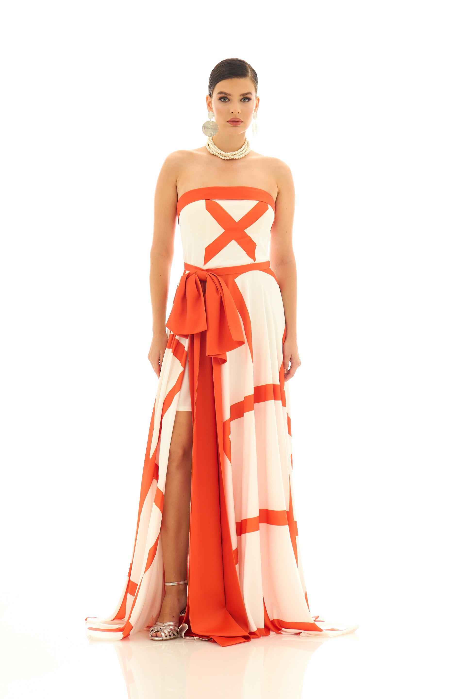 58422-106CARMENCarmen Orange Fiyonklu Ekose Saten Abiye Elbise