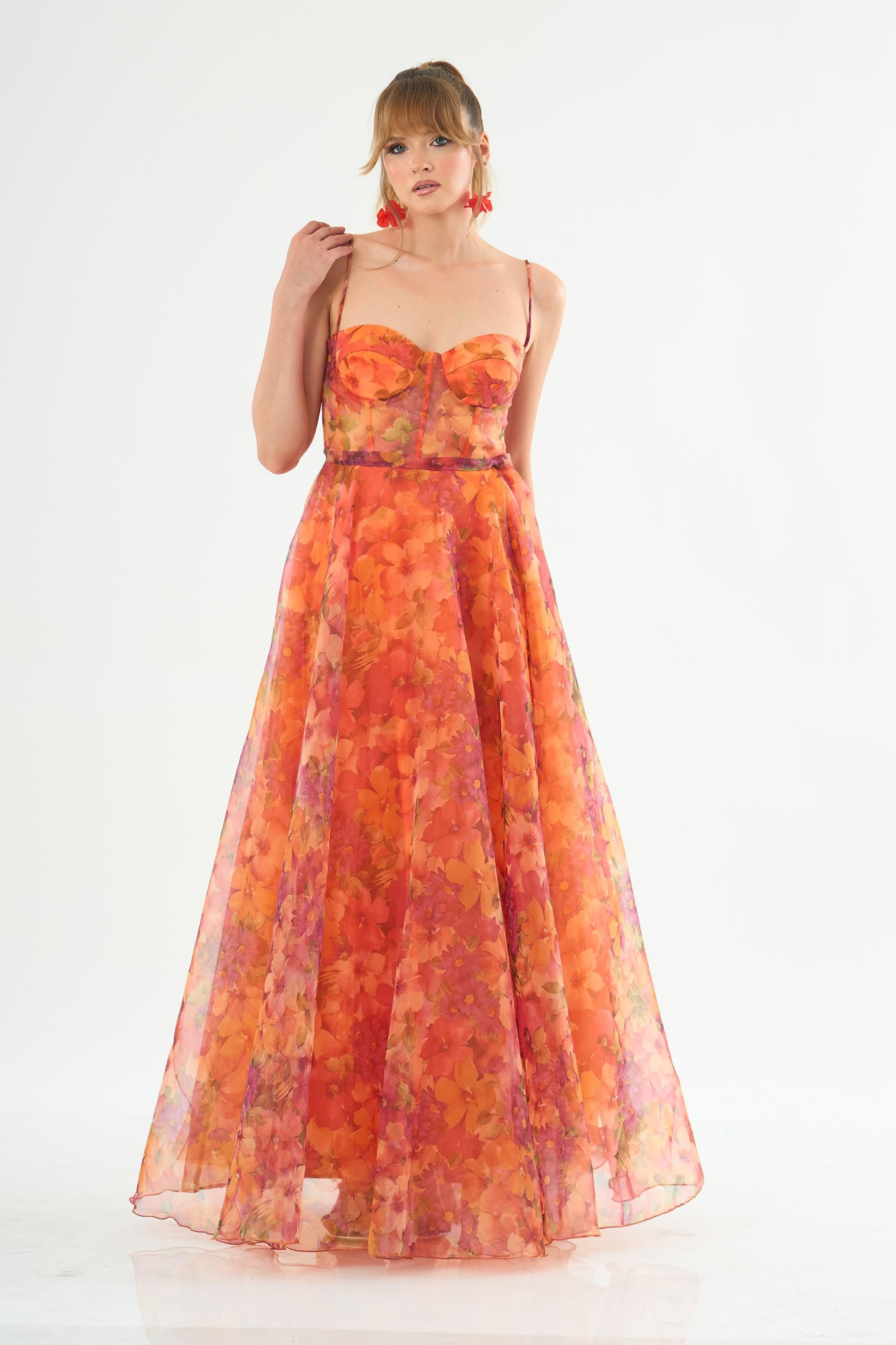 58453-106CARMENCarmen Orange Empirme Straplez Uzun Abiye Elbise