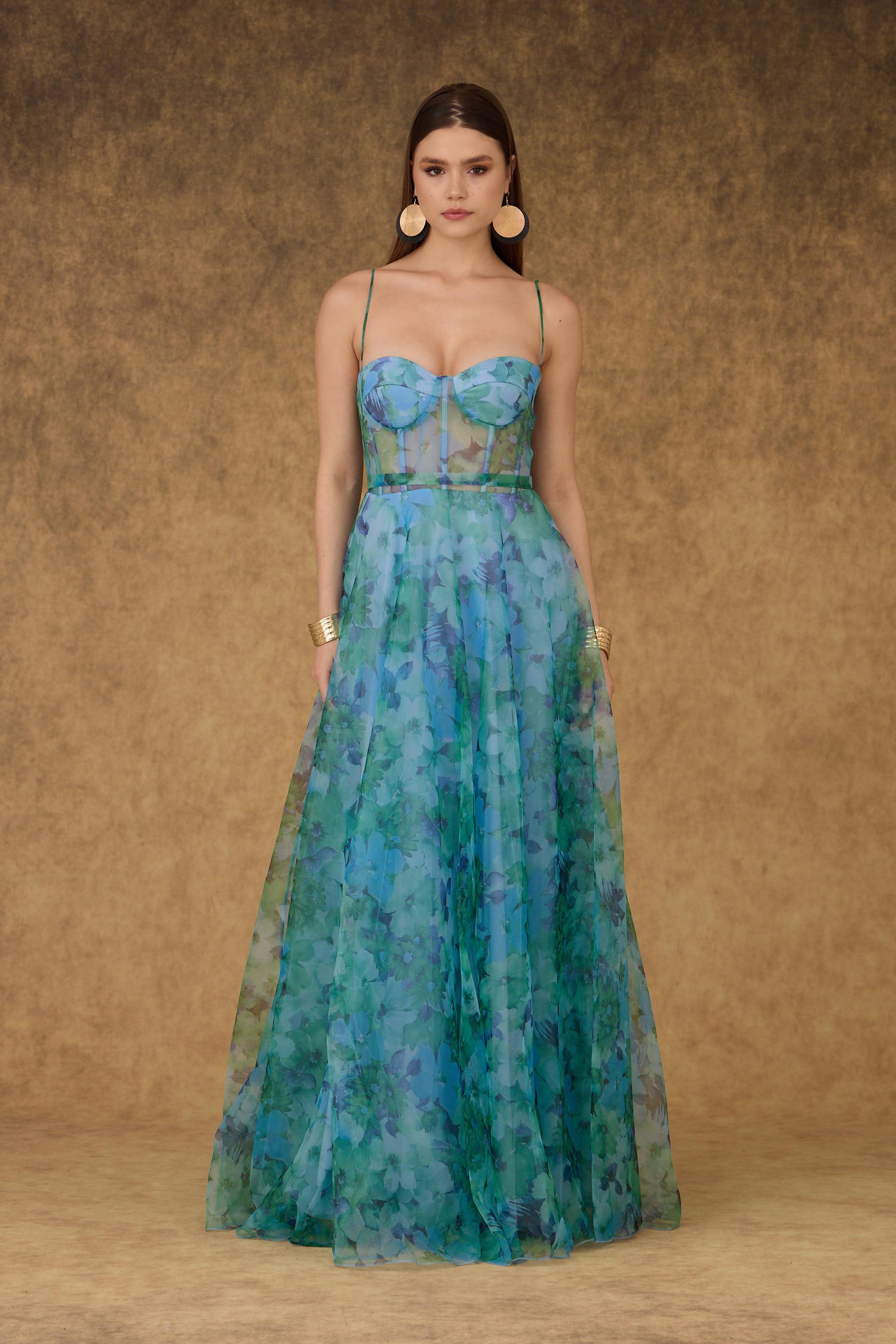 チャムページ Carmen Yeşil Empirme Straplez Uzun Abiye Elbise