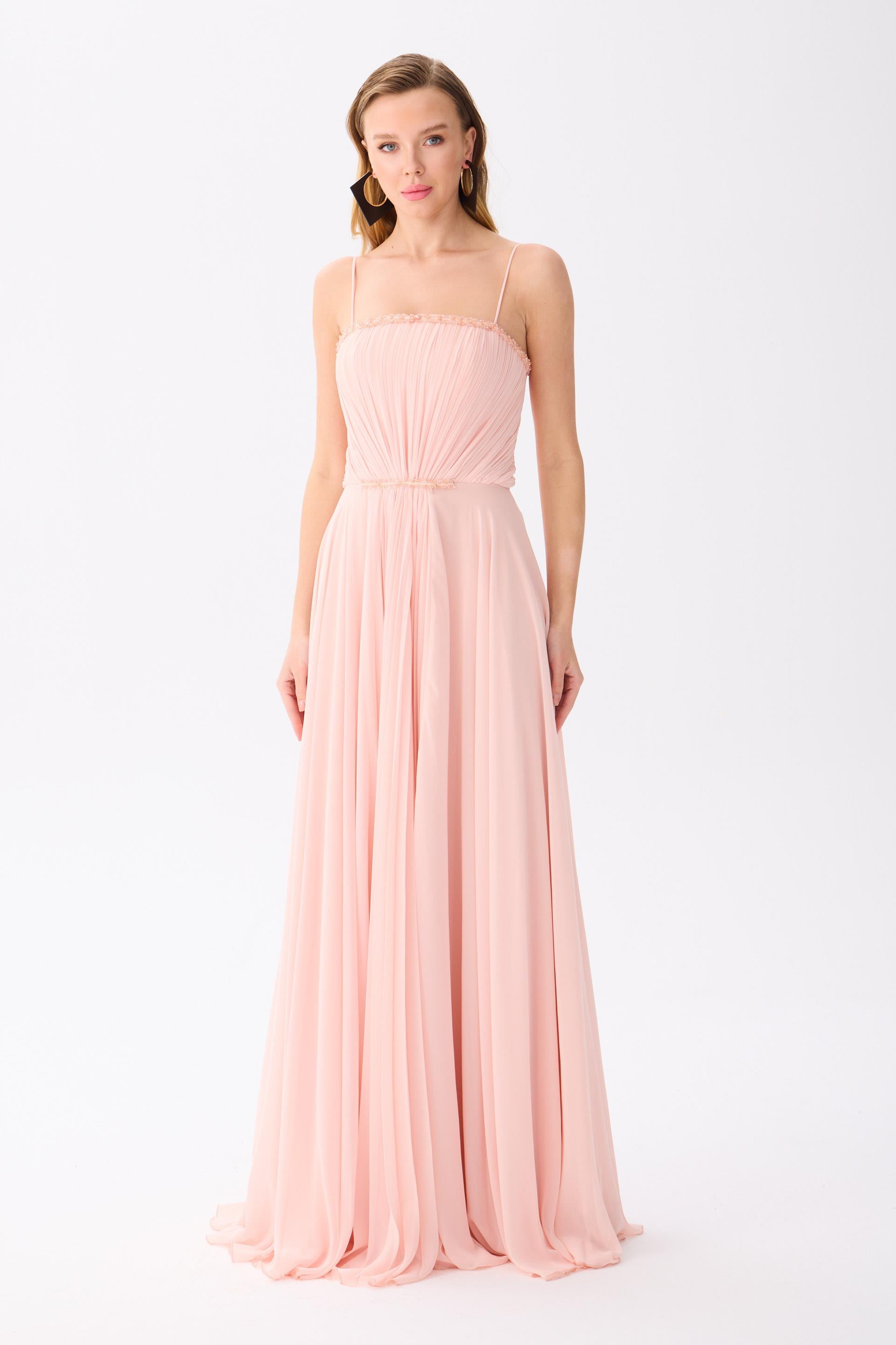 58459-23CARMENCarmen Pudra Askılı İşlemeli Şifon Abiye Elbise