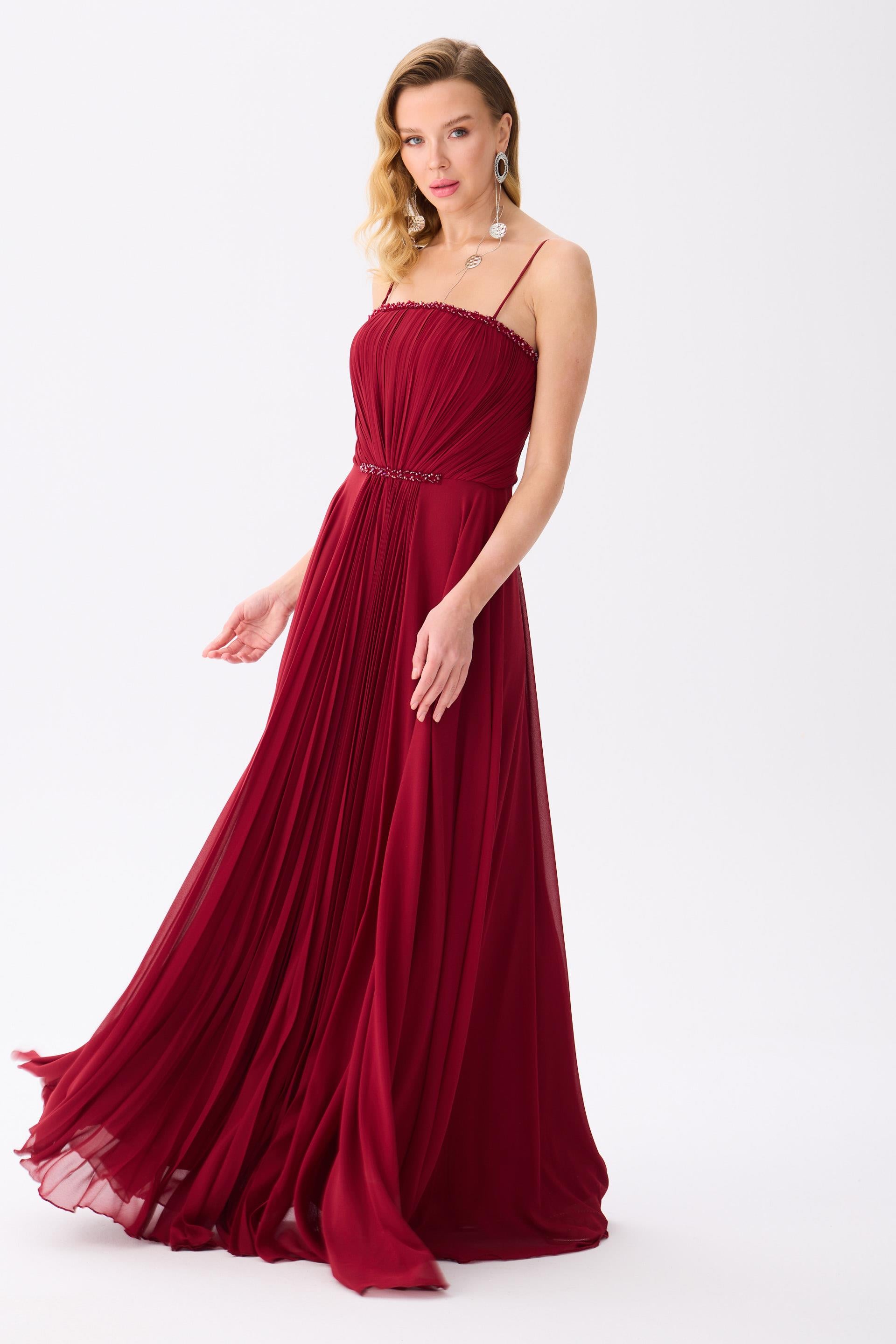 58459-3CARMENCarmen Bordo Askılı İşlemeli Şifon Abiye Elbise