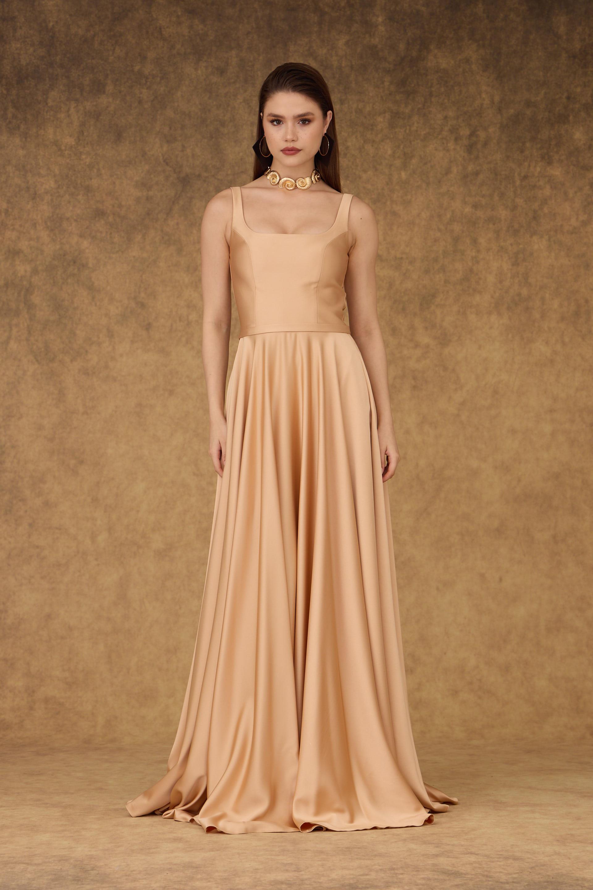 58506-9CARMENCarmen Gold Kare Yaka Saten Abiye Elbise