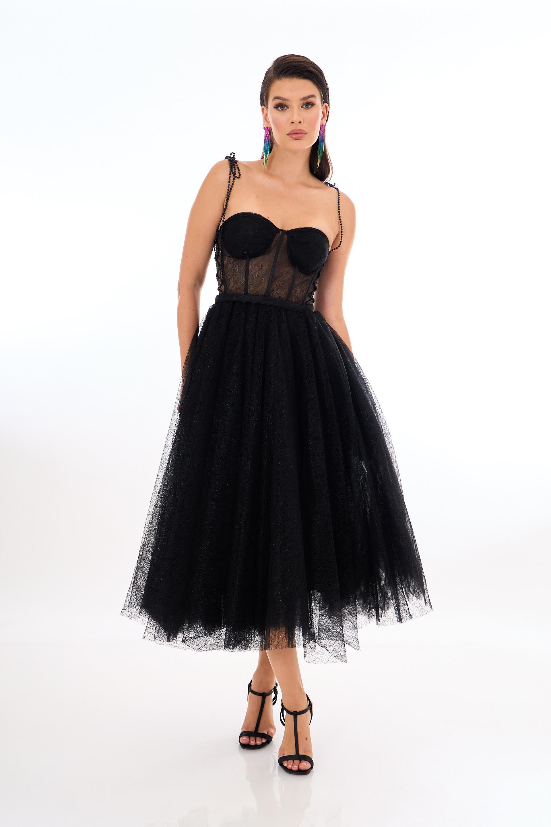 58523-27CARMENCarmen Siyah Midi Dantelli Abiye Elbise