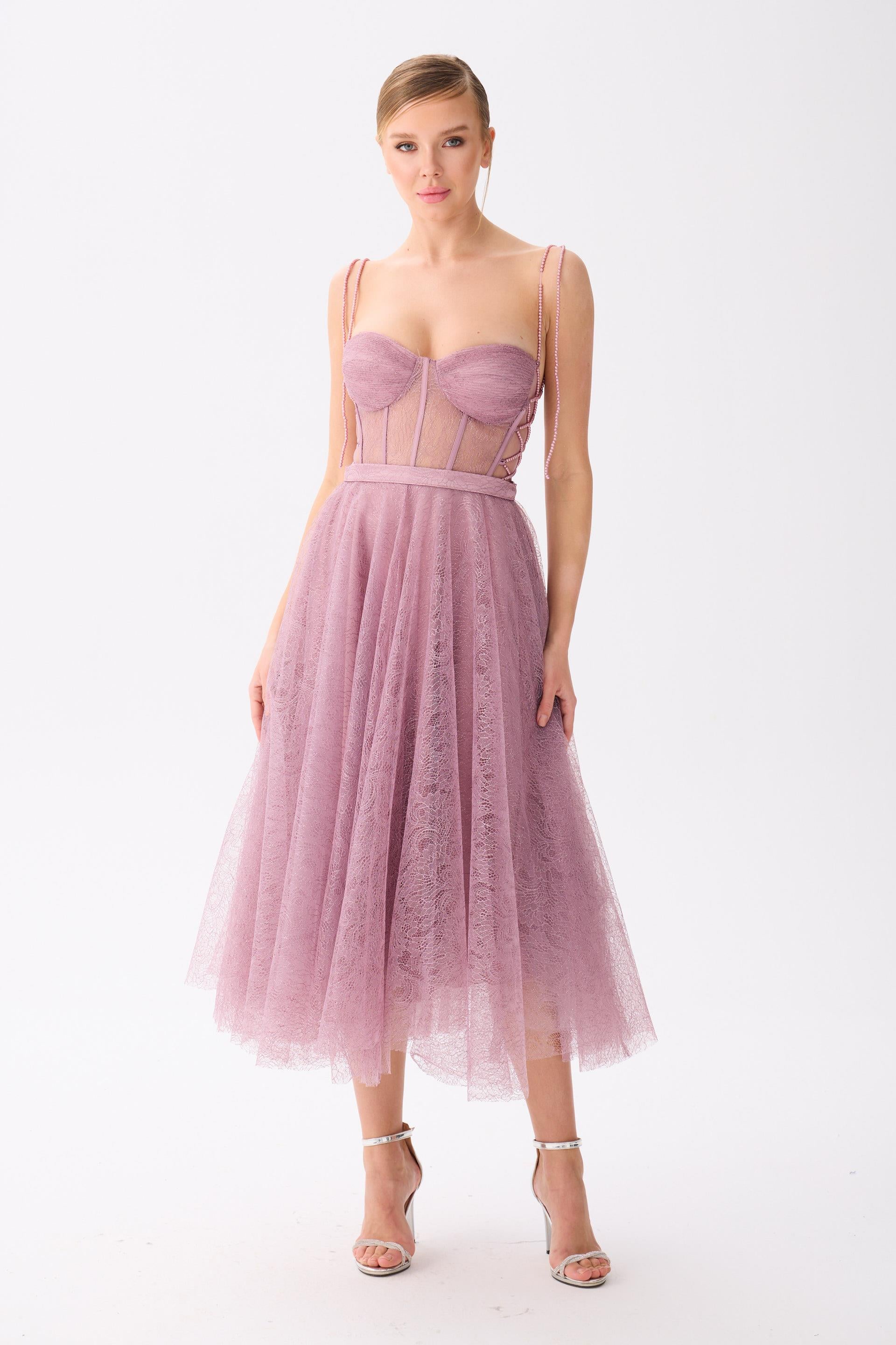58523-79CARMENCarmen Lavanta Midi Dantelli Abiye Elbise