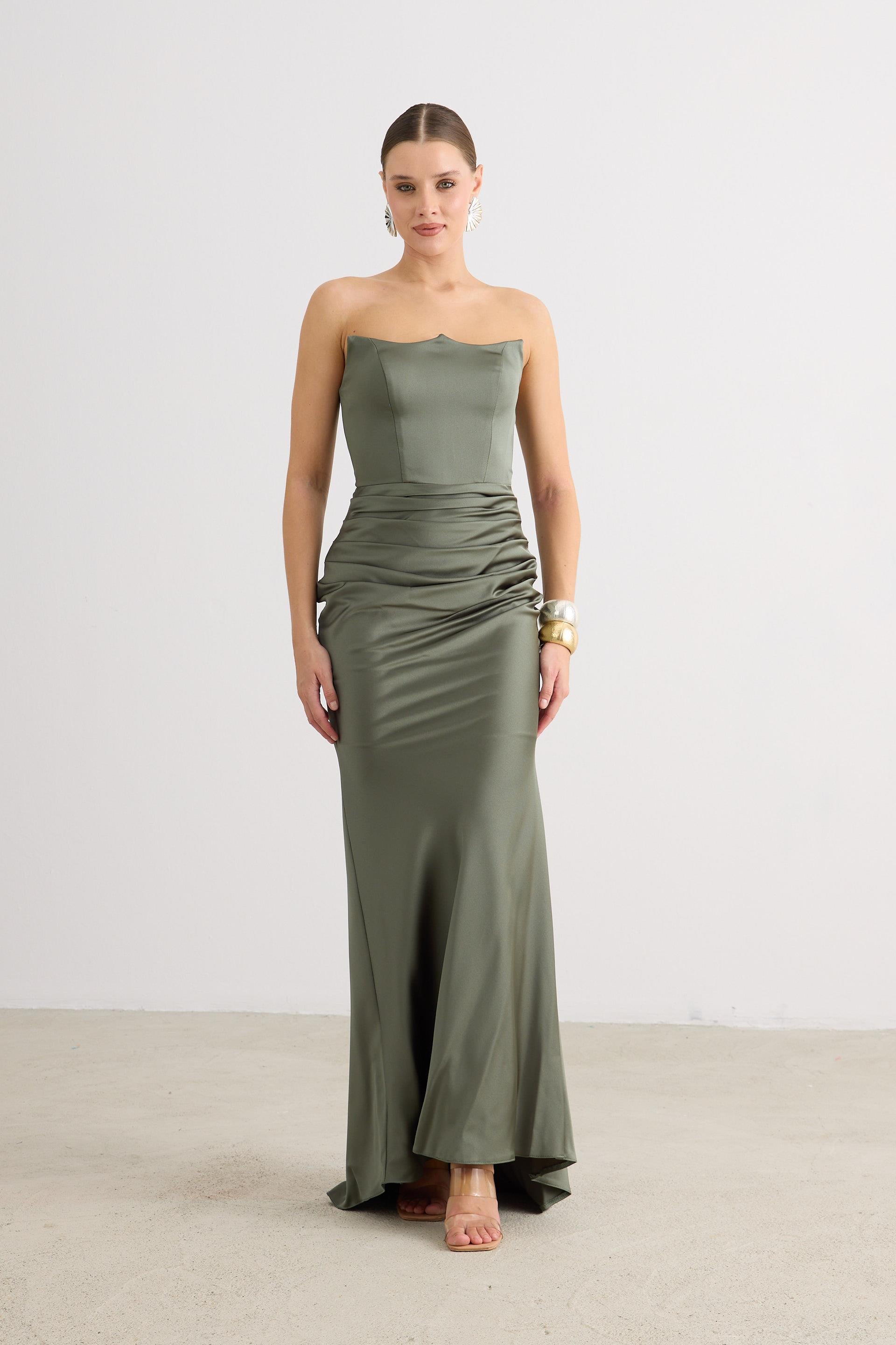 58565-12CARMENCarmen Haki Straplez Uzun Saten Abiye Elbise