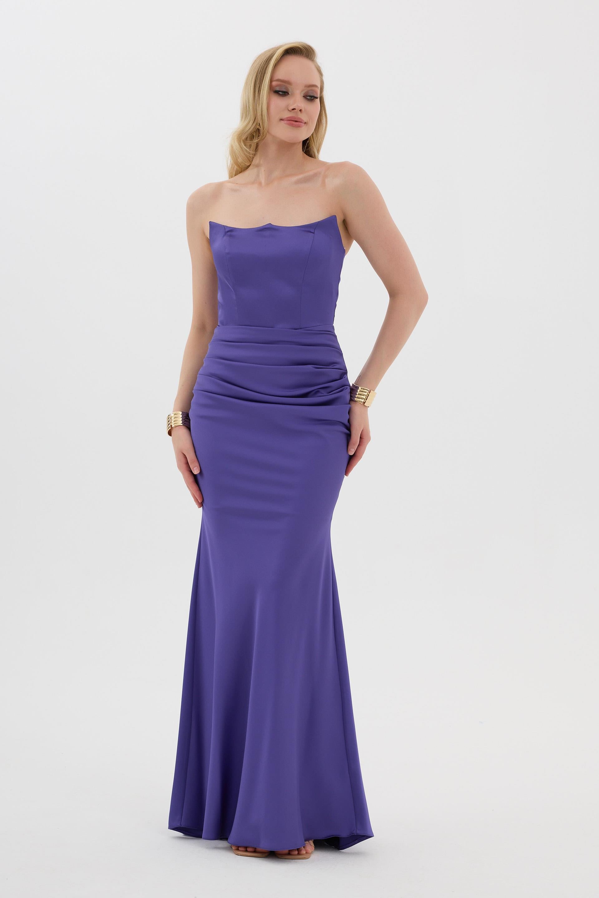 58565-19CARMENCarmen Mor Straplez Uzun Saten Abiye Elbise