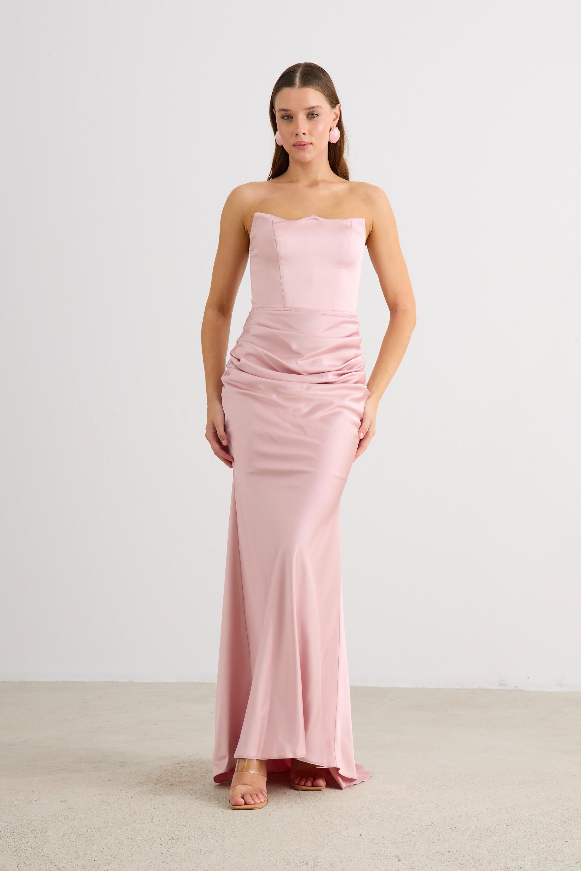 58565-23CARMENCarmen Pudra Straplez Uzun Saten Abiye Elbise