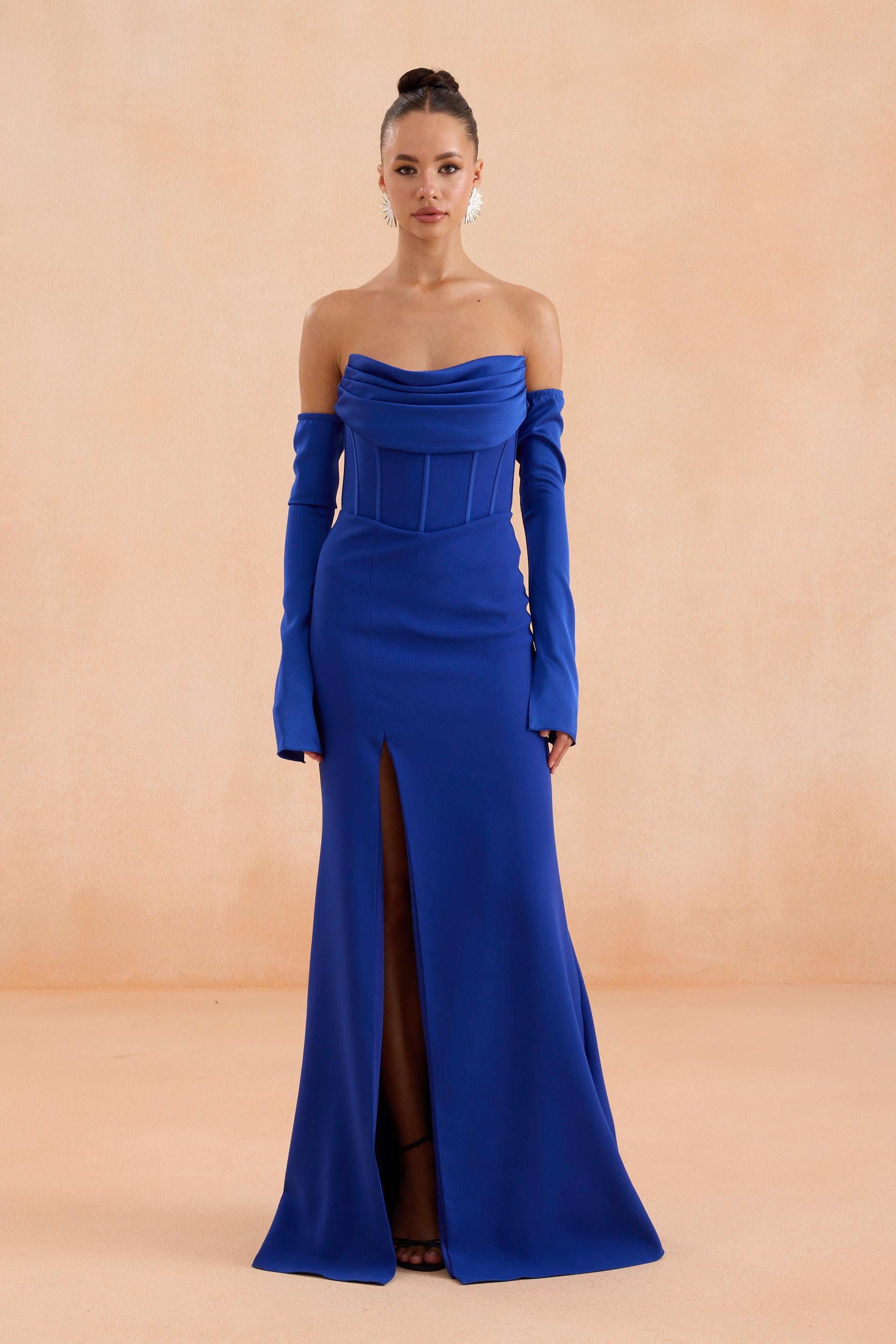 58571-25CARMENCarmen Saks Eldivenli Yırtmaçlı Krep Abiye Elbise