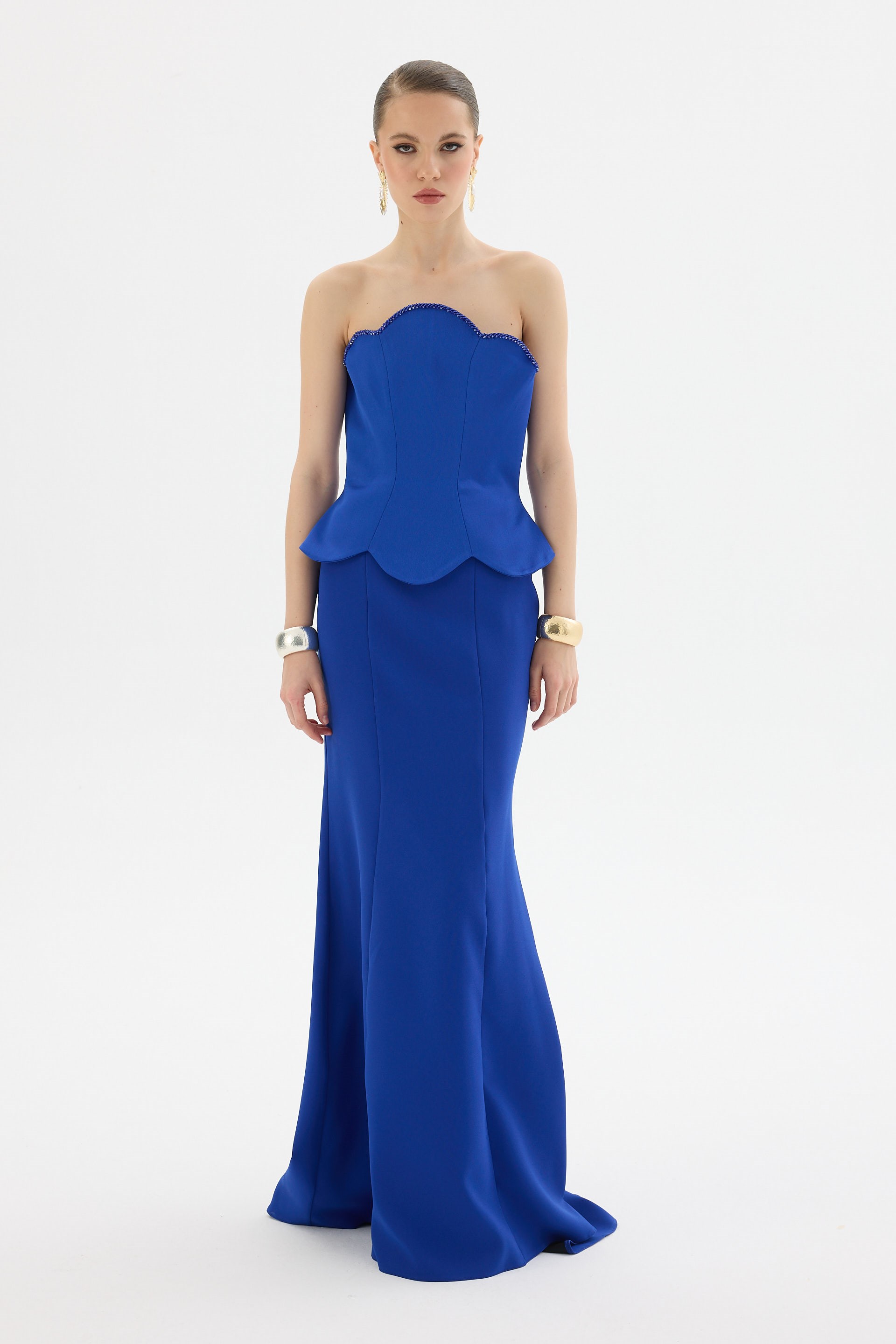 58662-25CARMENCarmen Saks İşlemeli Krep Abiye Elbise
