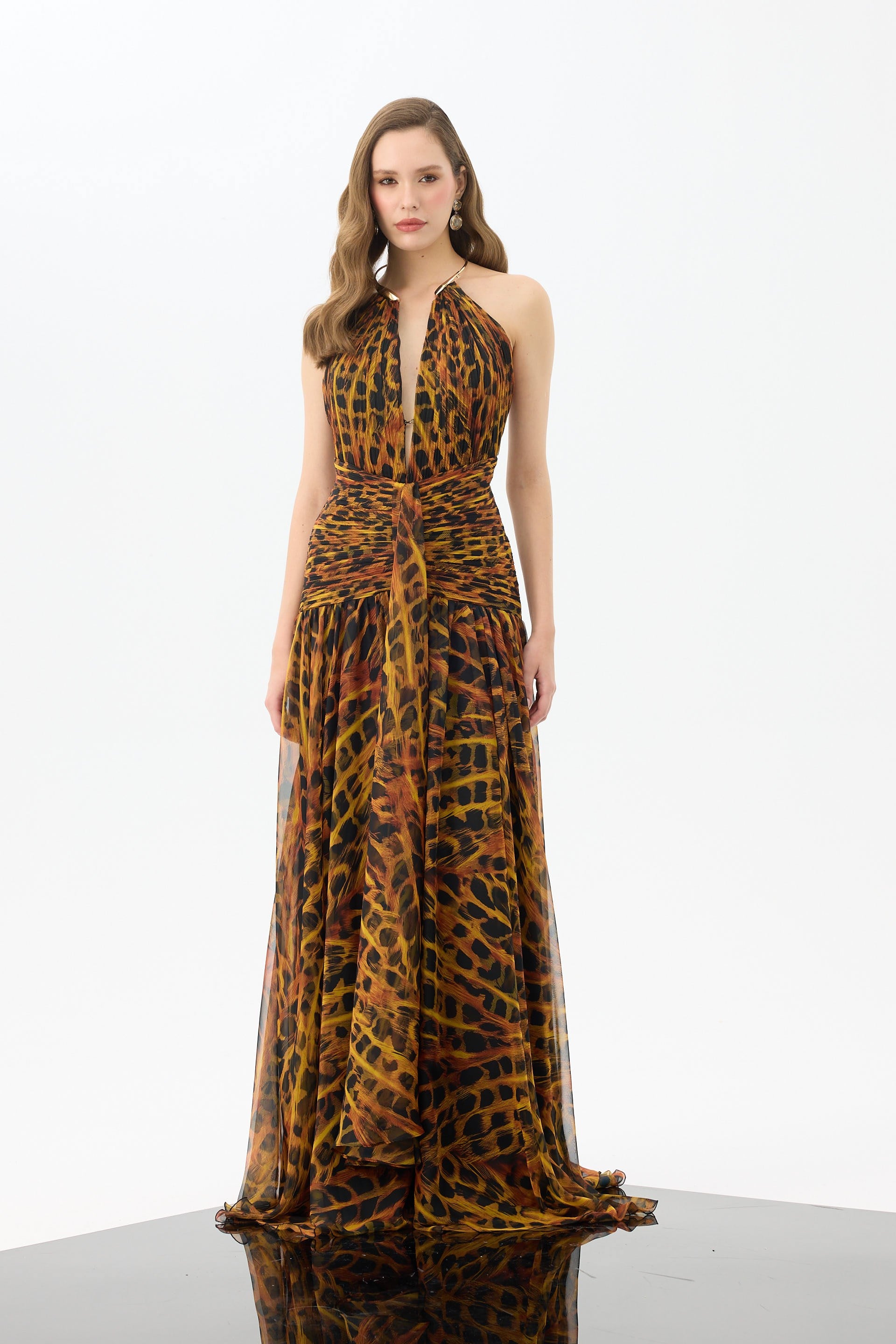 58745-27CARMENCarmen Siyah Aksesuarlı Leopar Desenli Abiye Elbise