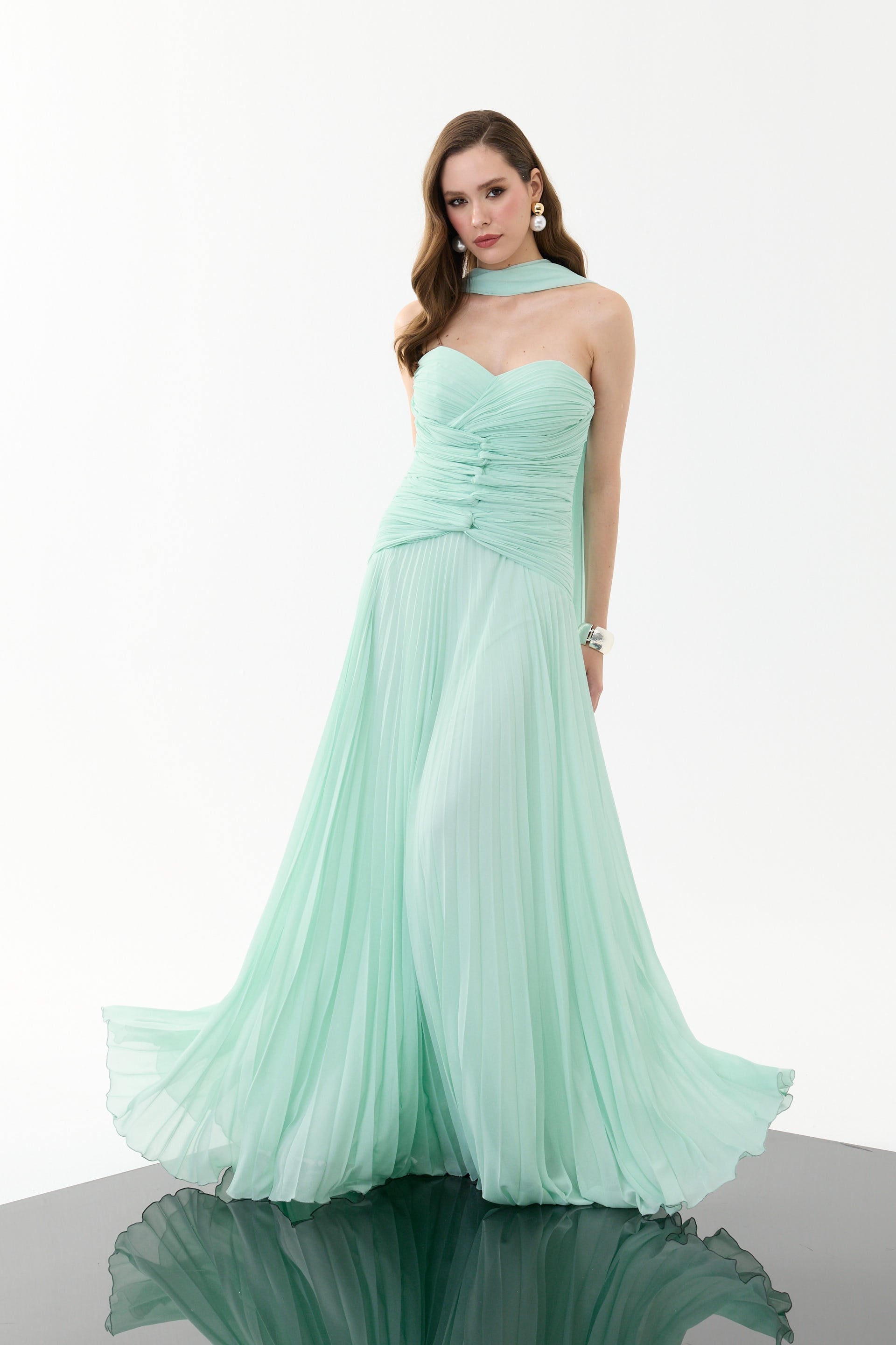 58757-18CARMENCarmen Mint Straplez Şallı Şifon Abiye Elbise