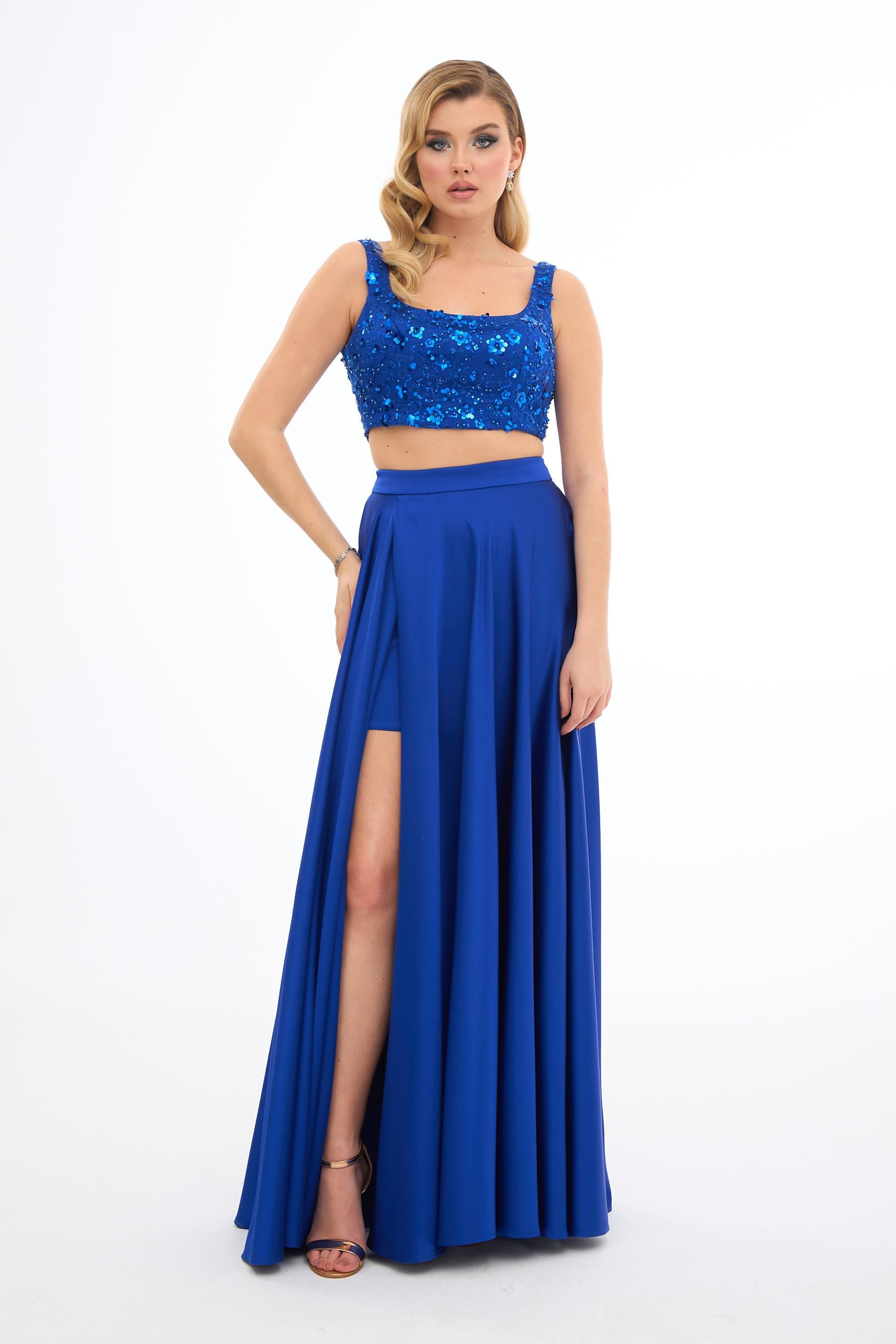 70146-25CARMENCarmen Saks Taşlı Büstiyer Etek Saten Takım Abiye