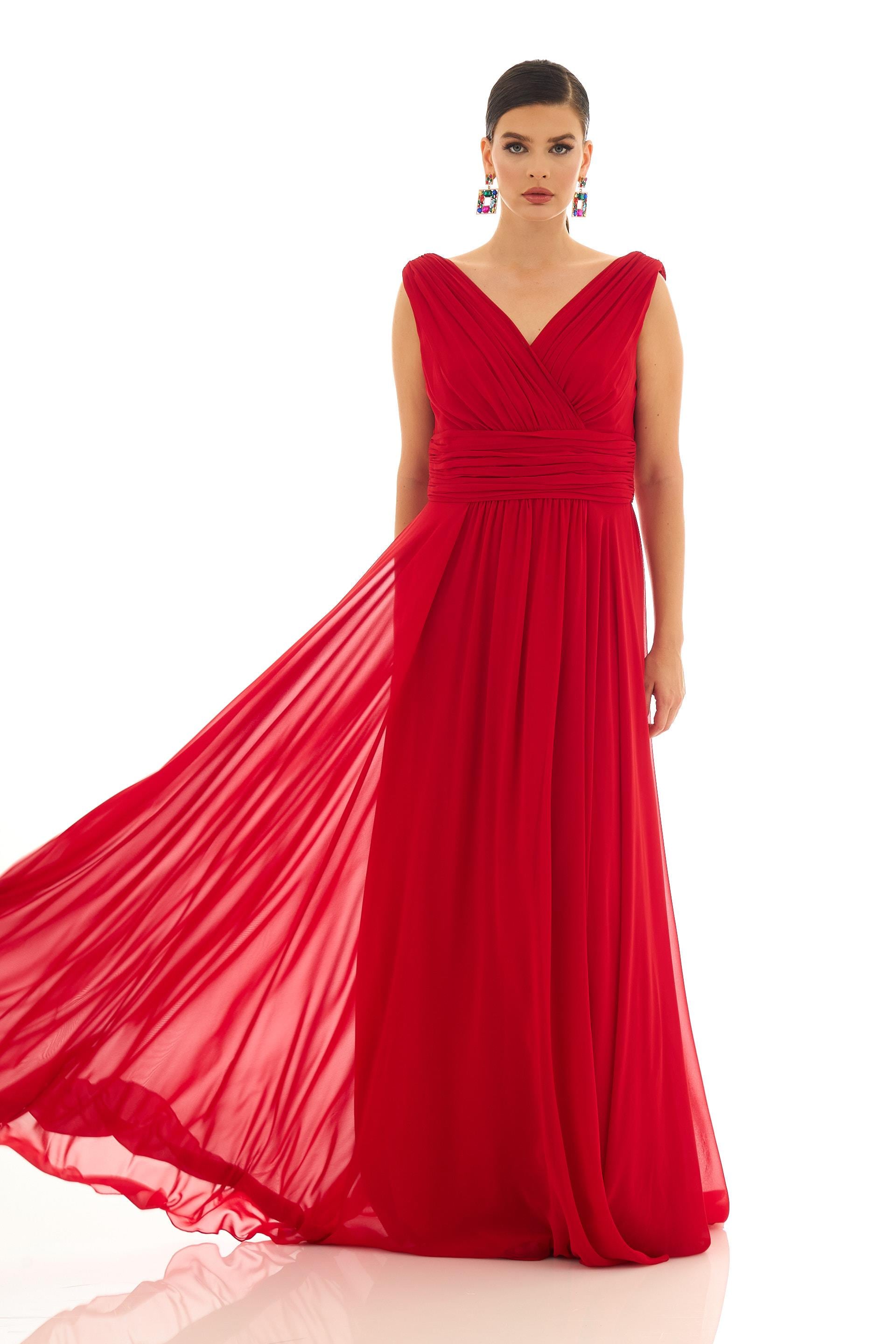 PC54506-13CARMENCarmen Kırmızı Şifon V Yaka Uzun Abiye Elbise