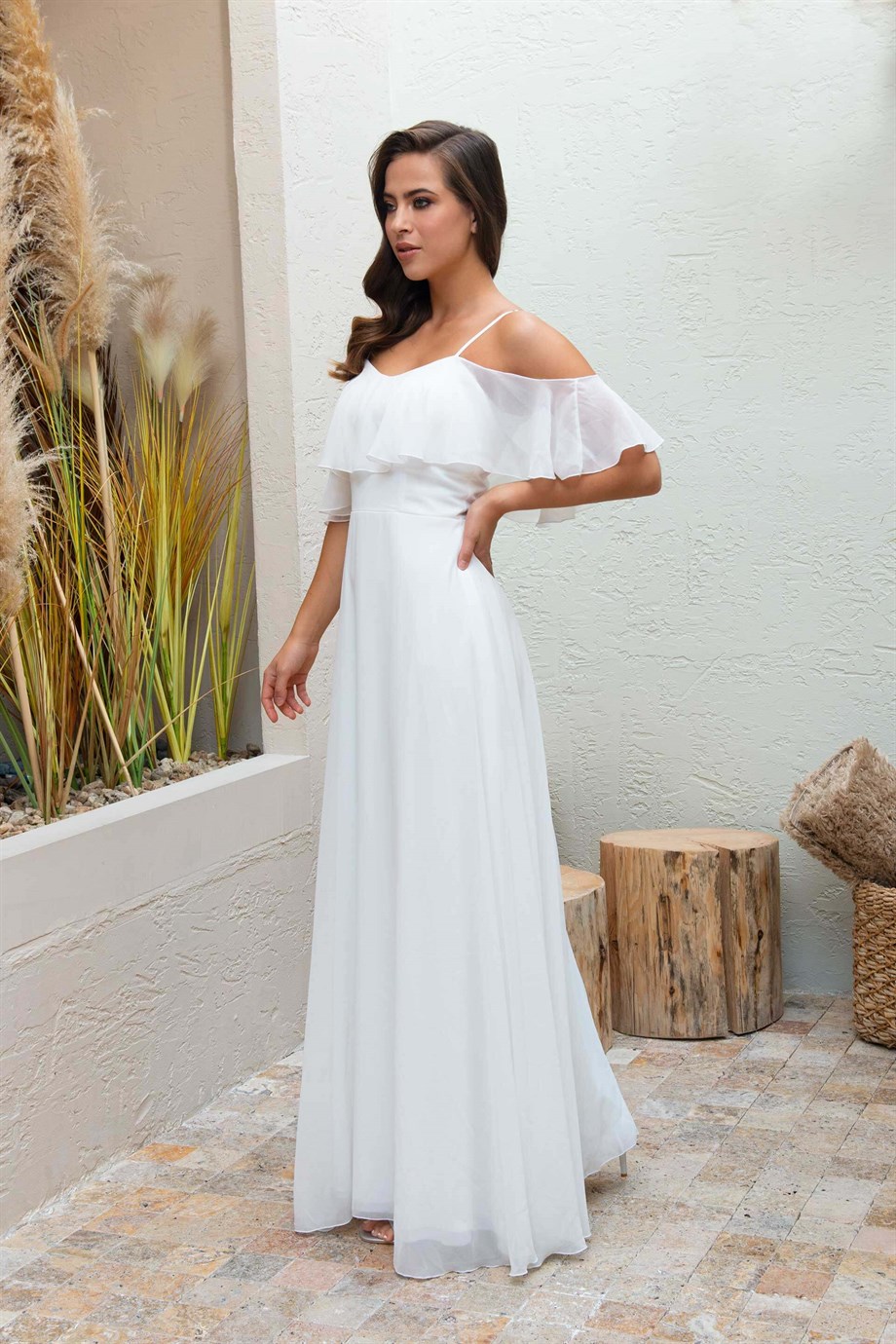 Carmen Ekru Askılı Uzun Nikah Elbisesi ve Dış Çekim Elbisesi