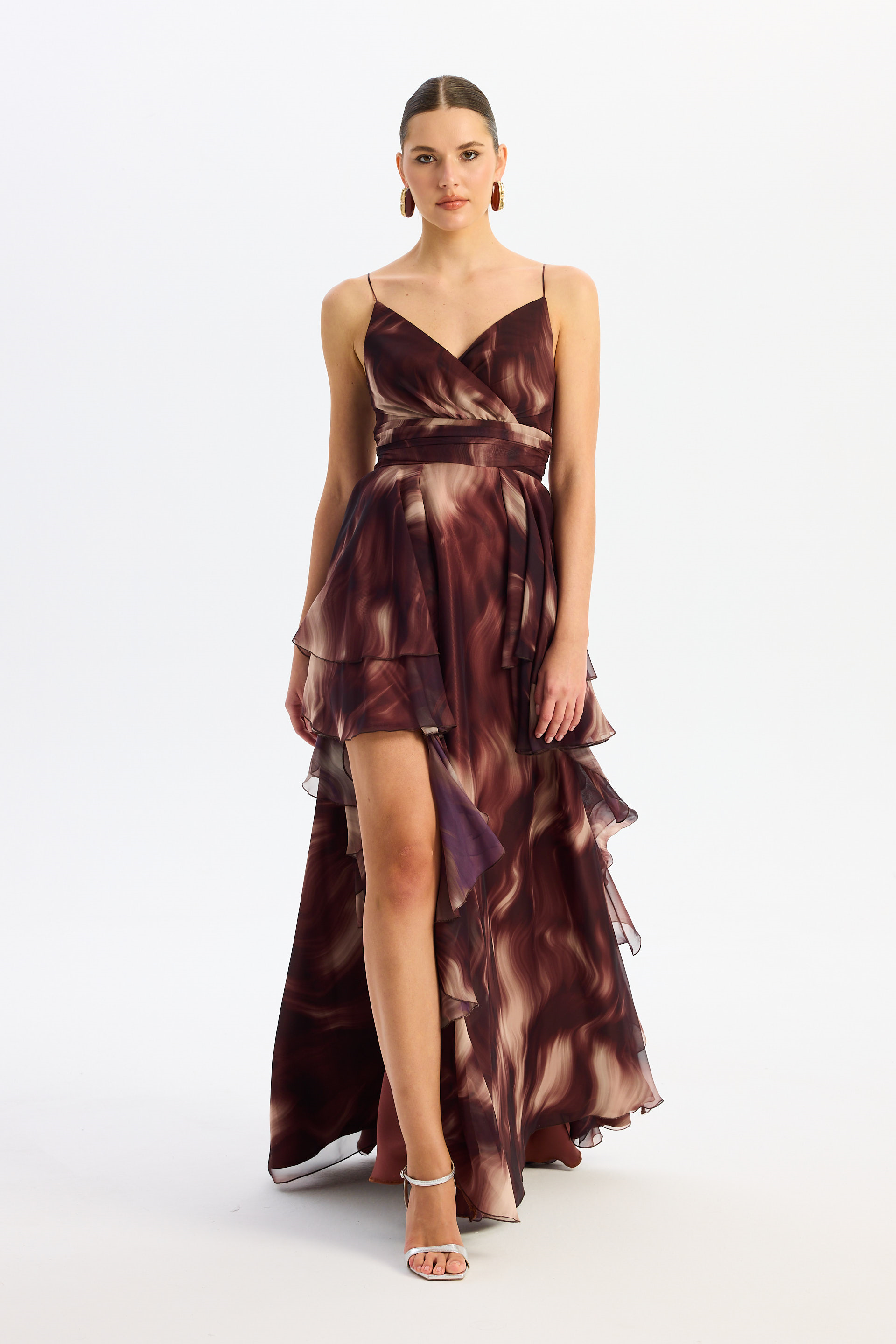55886-38Eva FashionEva Fashion Kahve Askılı Yırtmaçlı Desenli Abiye Elbise