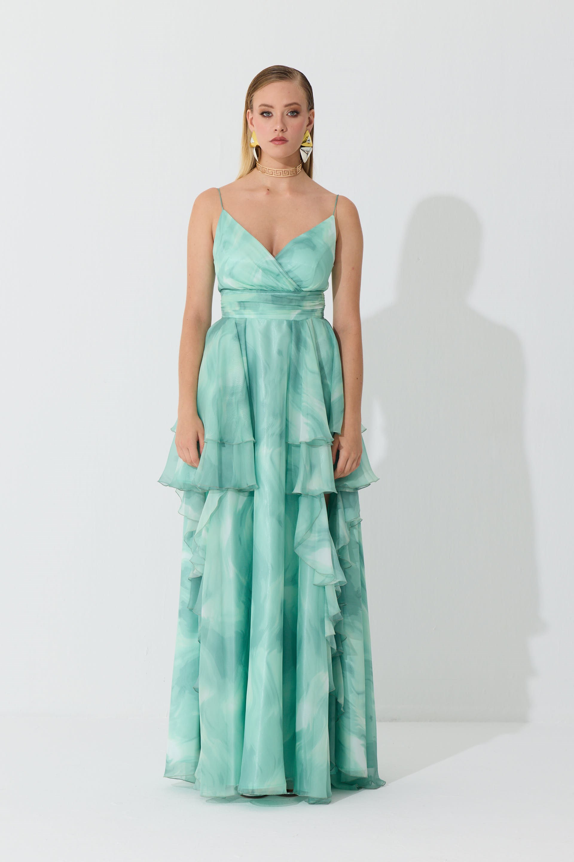 55886-86Eva FashionEva Fashion Çağla Askılı Yırtmaçlı Desenli Abiye Elbise