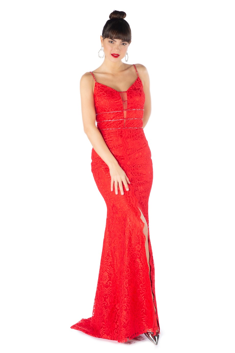 Carmen Kırmızı Dantelli Yırtmaçlı Uzun Balık Abiye Elbise