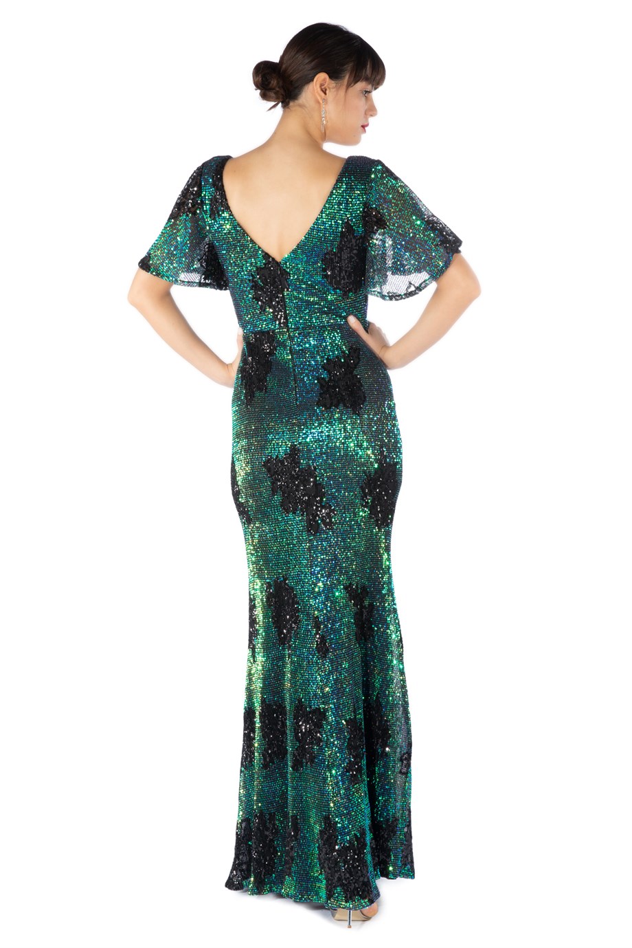 Carmen Yeşil Kısa Kollu Payetli Uzun Abiye Elbise