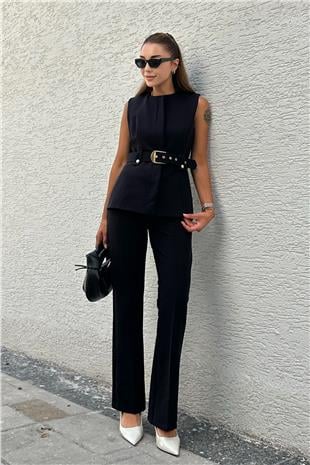 Melodie Siyah Premium Gold Kemerli Yelek Pantolon Takım