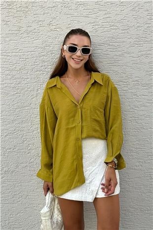 Yağ Yeşili Oversize Düşük Omuz Tensel Gömlek