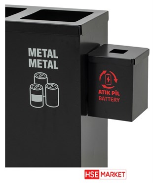 Metal 4'lü Sıfır Atık Kutusu Geri Dönüşüm Çöp Kovası + Pil Kutusu