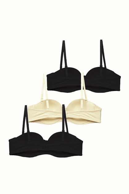 3lü Paket Dolgusuz Straplez Yumuşak Kaplı Örme Sütyen C37050 Siyah/Ten