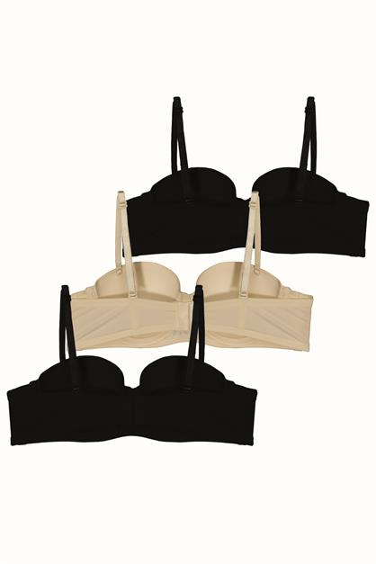 3lü Paket Dolgusuz Straplez Yumuşak Kaplı Örme Sütyen C38020 Siyah/Ten