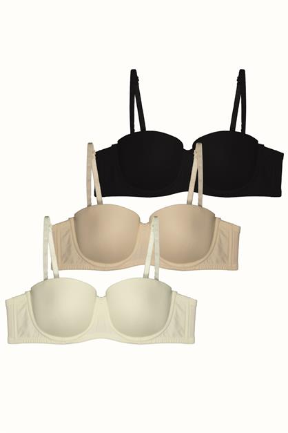 3lü Paket Dolgusuz Straplez Yumuşak Kaplı Örme Sütyen C38020 Siyah/Beyaz/Ten