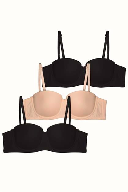 3lü Paket Dolgusuz Straplez Yumuşak Kaplı Örme Sütyen C38020 Siyah/Ten