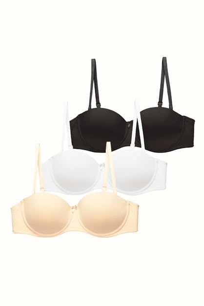 3lü Paket Dolgusuz Straplez Yumuşak Kaplı Örme Sütyen C37050 Siyah/Beyaz/Ten