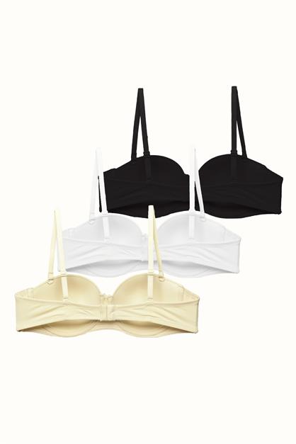 3lü Paket Dolgusuz Straplez Yumuşak Kaplı Örme Sütyen C37050 Siyah/Beyaz/Ten