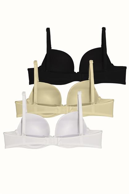 3lü Paket Dolgusuz Yumuşak Kaplı Örme Sütyen C37025 Siyah/Beyaz/Ten