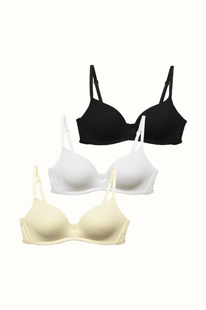 3lü Paket Dolgusuz Yumuşak Kaplı Örme Sütyen C31791 Siyah/Beyaz/Ten