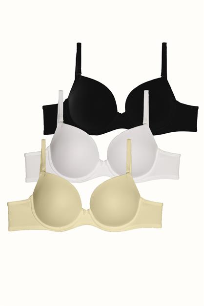 3lü Paket Dolgusuz Yumuşak Kaplı Örme Sütyen C37025 Siyah/Beyaz/Ten