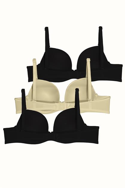 3lü Paket Dolgusuz Yumuşak Kaplı Örme Sütyen C37025 Siyah/Ten
