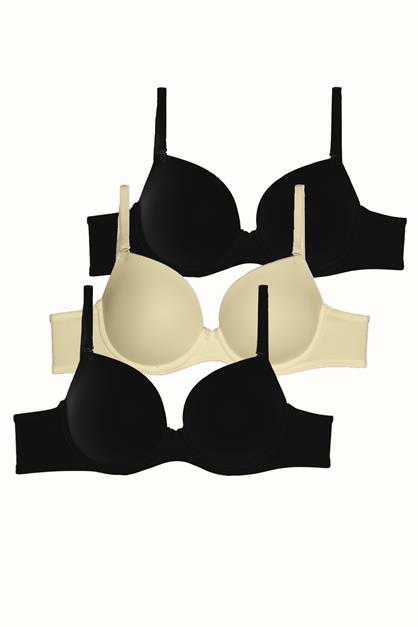 3lü Paket Dolgusuz Yumuşak Kaplı Örme Sütyen C37025 Siyah/Ten