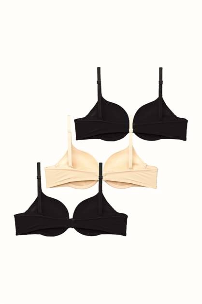 3lü Paket Double Push Up Yumuşak Kaplı Örme Sütyen C37035 Siyah/Ten