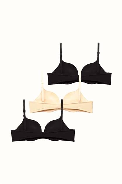 3lü Paket Double Push Up Yumuşak Kaplı Örme Sütyen C37030 Siyah/Ten
