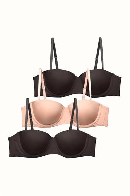 3lü Paket Push Up Straplez Yumuşak Kaplı Örme Sütyen C38025 Siyah/Ten