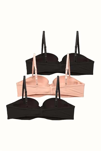 3lü Paket Push Up Straplez Yumuşak Kaplı Örme Sütyen C38025 Siyah/Ten