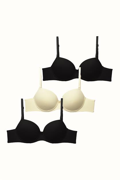 3lü Paket Push Up Yumuşak Kaplı Örme Sütyen C37020 Siyah/Ten