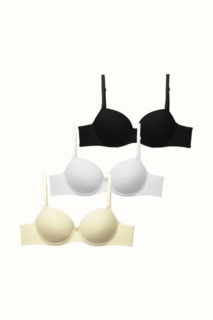 3lü Paket Push Up Yumuşak Kaplı Örme Sütyen C37020 Siyah/Beyaz/Ten