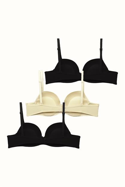 3lü Paket Push Up Yumuşak Kaplı Örme Sütyen C37020 Siyah/Ten