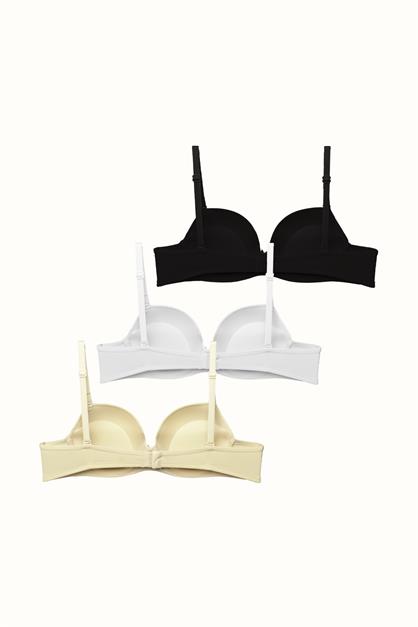 3lü Paket Push Up Yumuşak Kaplı Örme Sütyen C37020 Siyah/Beyaz/Ten